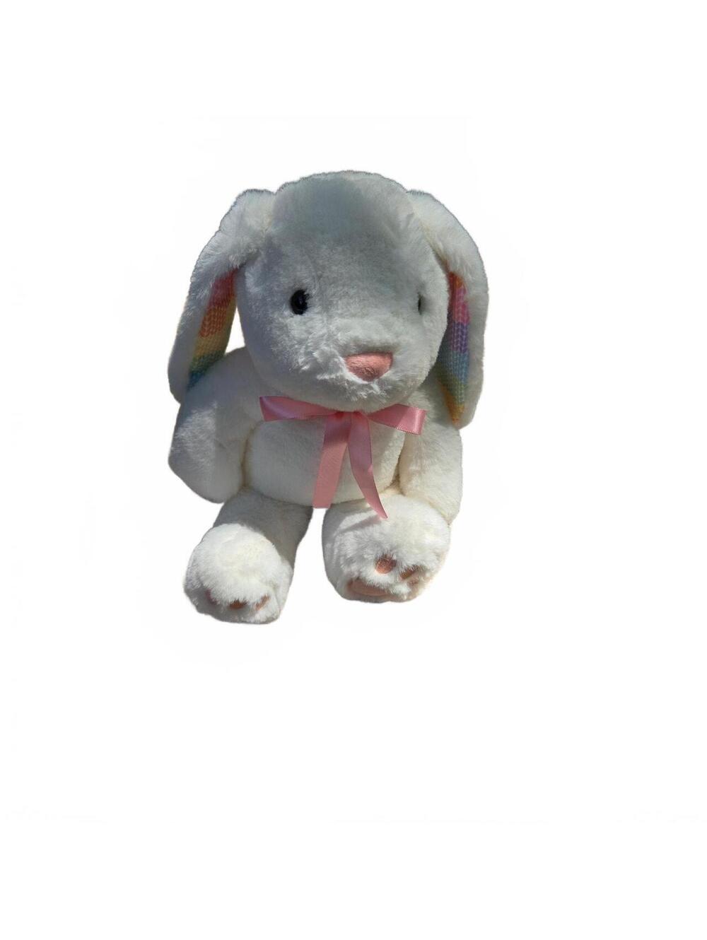 White Plush Bunny Stuffed Animal with Rainbow Ears and Pink Bow – Soft and Cute